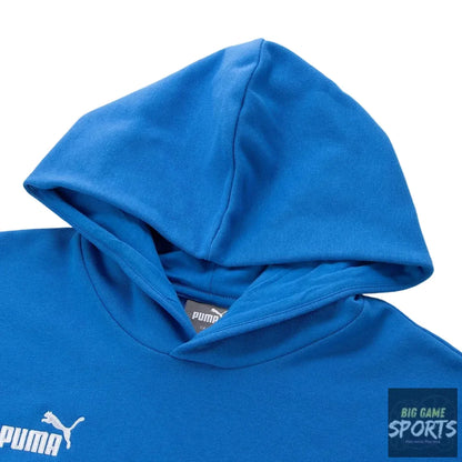 A close-up of a bright blue Puma hoodie, showing the hood, inner neck label, and a white Puma logo on the chest against a clean white background.