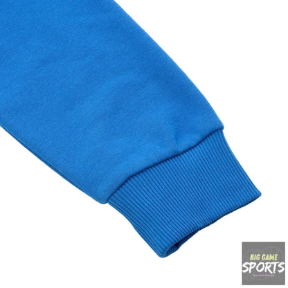 Close-up of a bright blue sweatshirt sleeve with a ribbed elastic cuff on a white background.