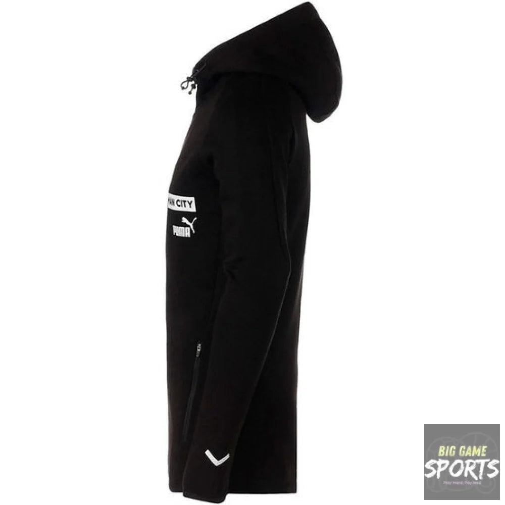 A black Puma hooded jacket shown from the side profile against a plain white background, featuring a white Puma logo and 'SAN CITY' text on the upper sleeve.