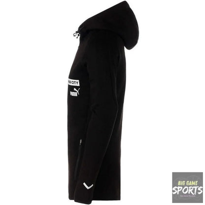 A black Puma hooded jacket shown from the side profile against a plain white background, featuring a white Puma logo and 'SAN CITY' text on the upper sleeve.