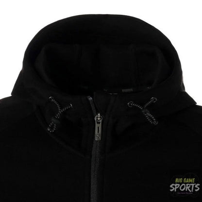 Close-up of a black hooded zip-up jacket, showing the hood, drawstrings, and front zipper against a plain white background.