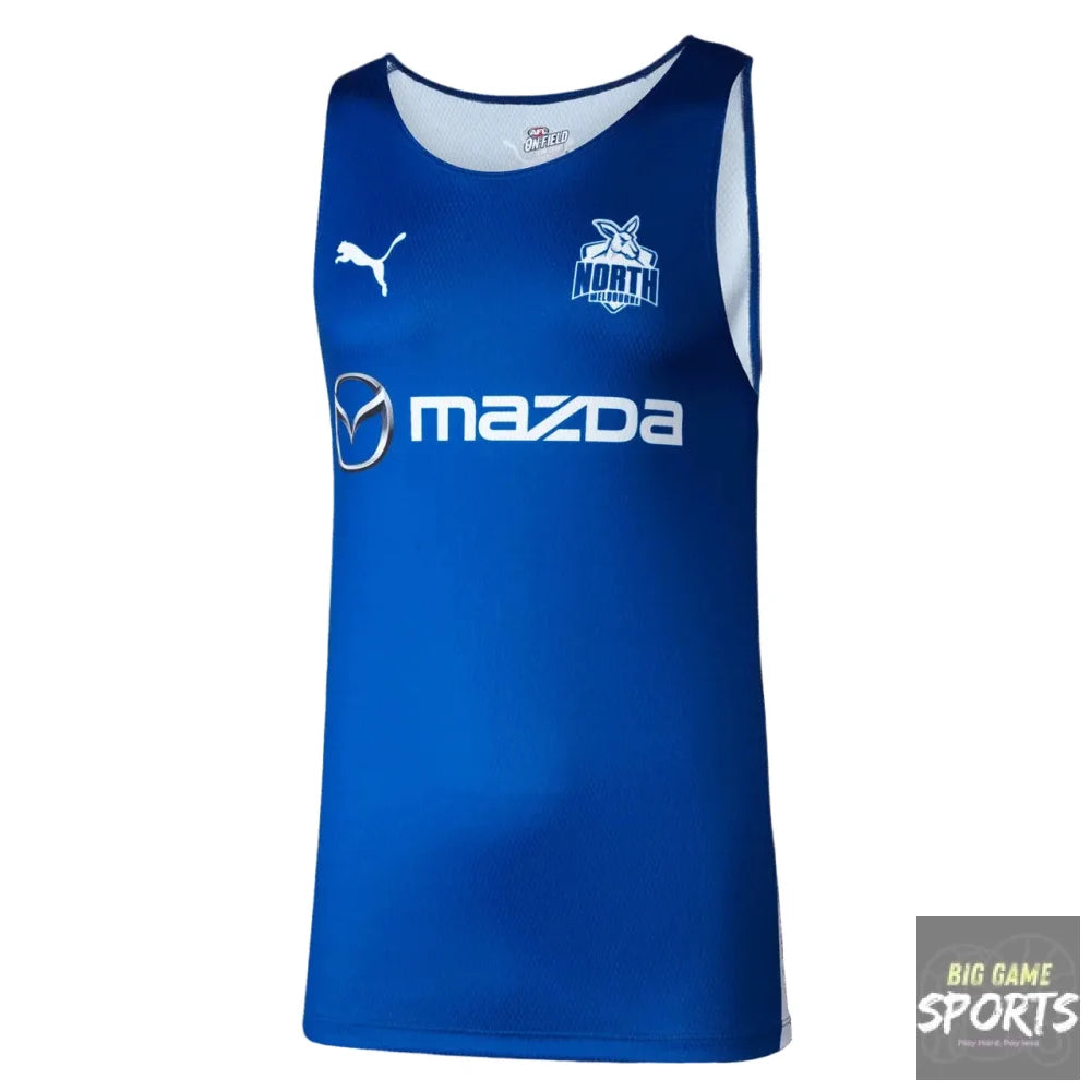 A blue sleeveless athletic jersey with white trim, featuring the Puma logo, Northampton Town crest, and a prominent white Mazda sponsor logo on the front, set against a solid black background.