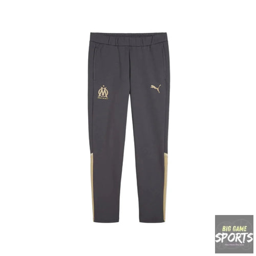 Dark gray pants with gold accents and logos on a white background