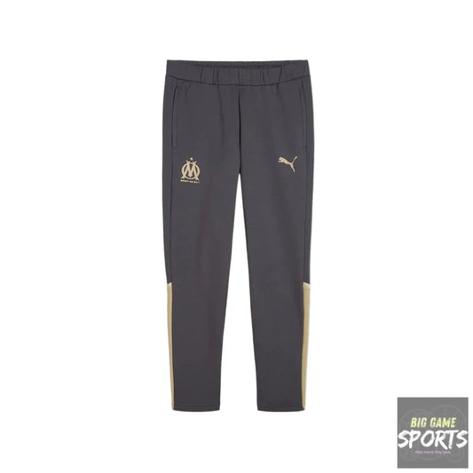 Dark gray pants with gold accents and logos on a white background