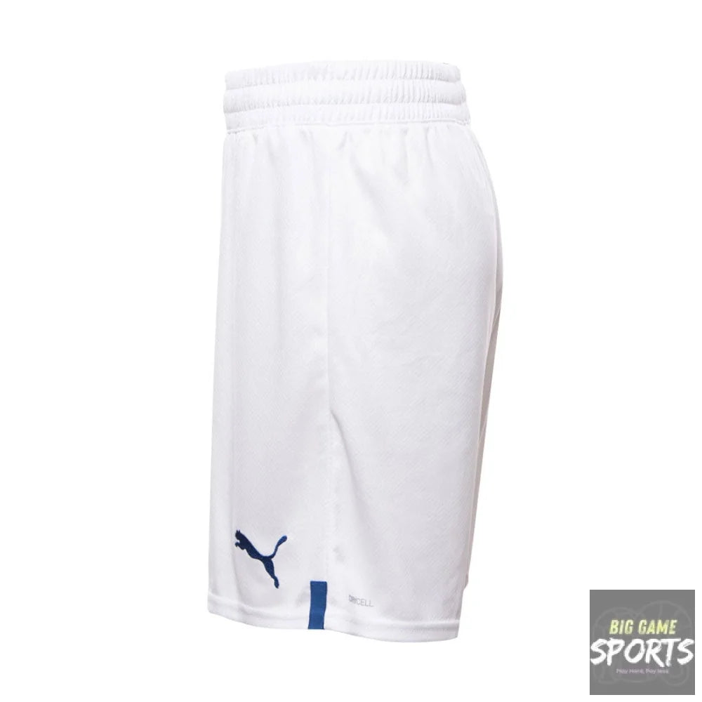 White Puma athletic shorts with a navy blue Puma logo and a small blue accent tab near the hem, shown against a plain white background.