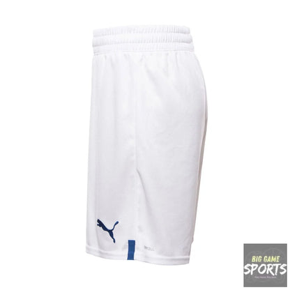 White Puma athletic shorts with a navy blue Puma logo and a small blue accent tab near the hem, shown against a plain white background.