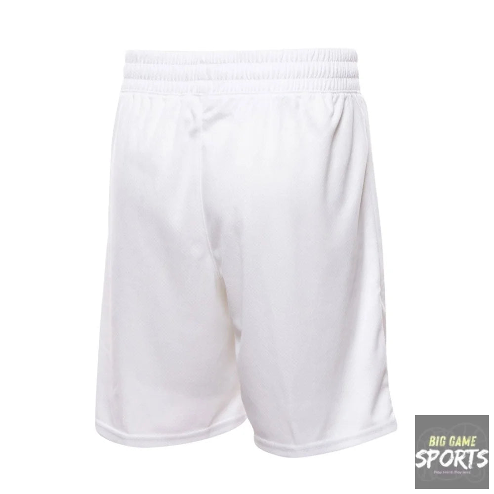 White athletic shorts with an elastic waistband, shown from the back on a plain white background.