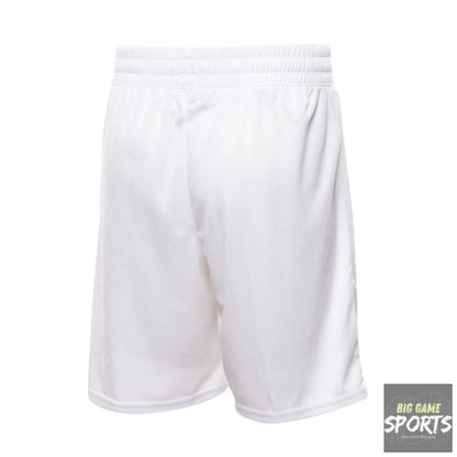 White athletic shorts with an elastic waistband, shown from the back on a plain white background.