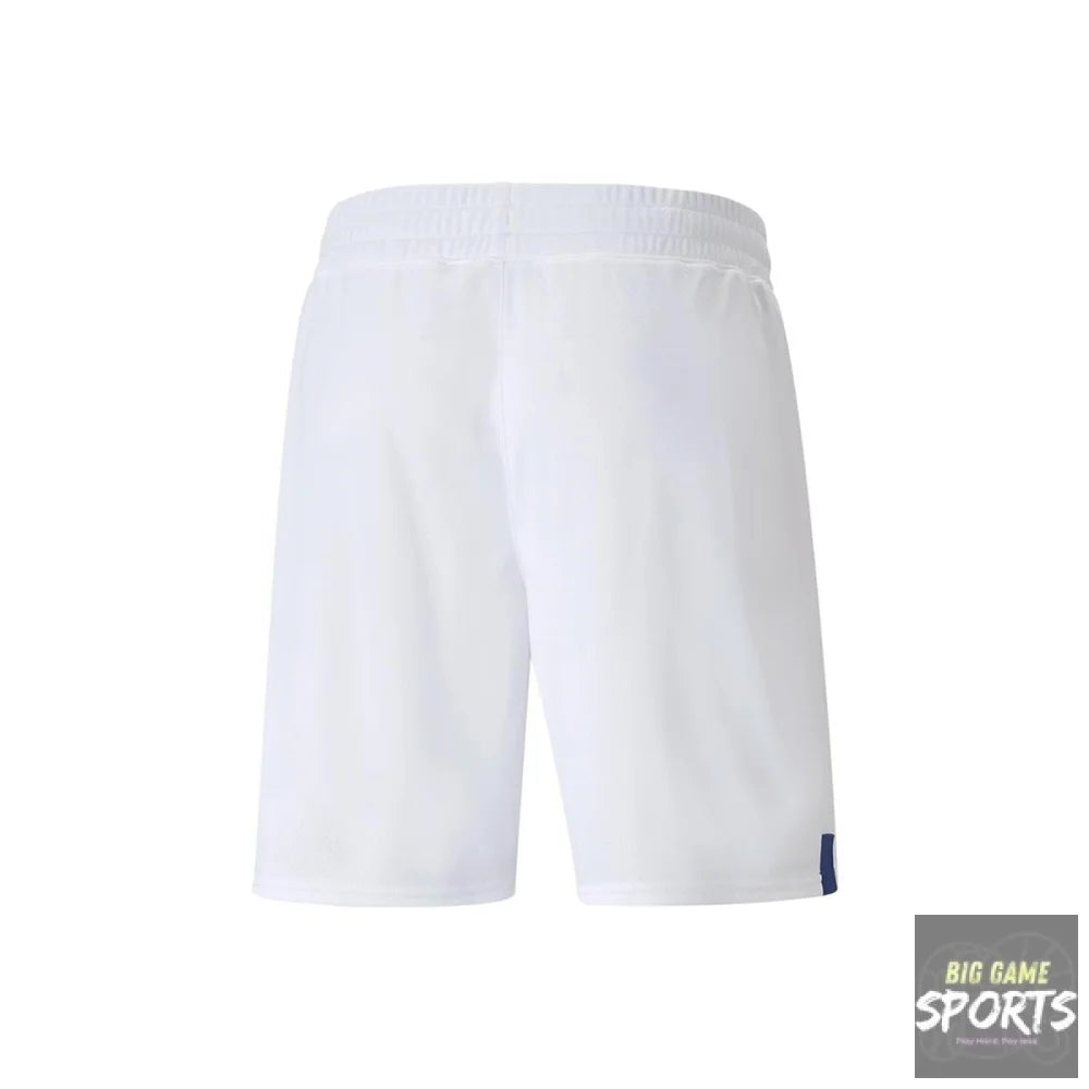 White shorts with a small logo on a white background