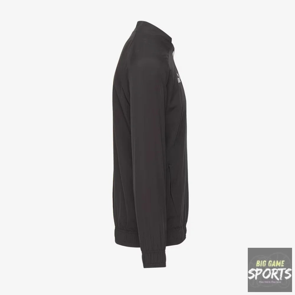 A black zip-up athletic jacket shown in a side profile view against a light gray background.