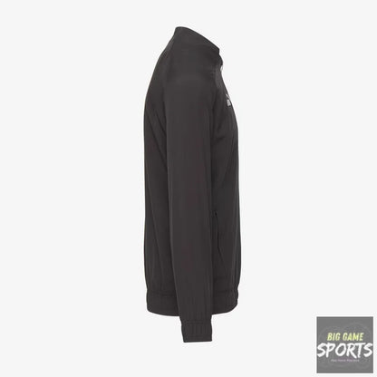 A black zip-up athletic jacket shown in a side profile view against a light gray background.