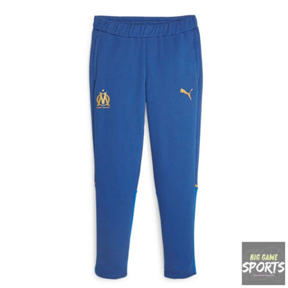 Blue tracksuit pants with logos on a white background