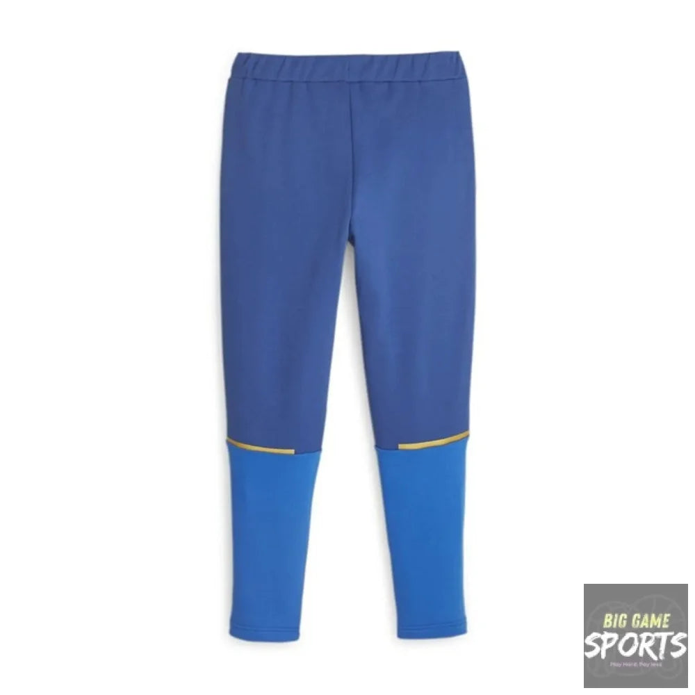 Blue leggings with a gold accent on a white background