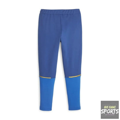 Blue leggings with a gold accent on a white background