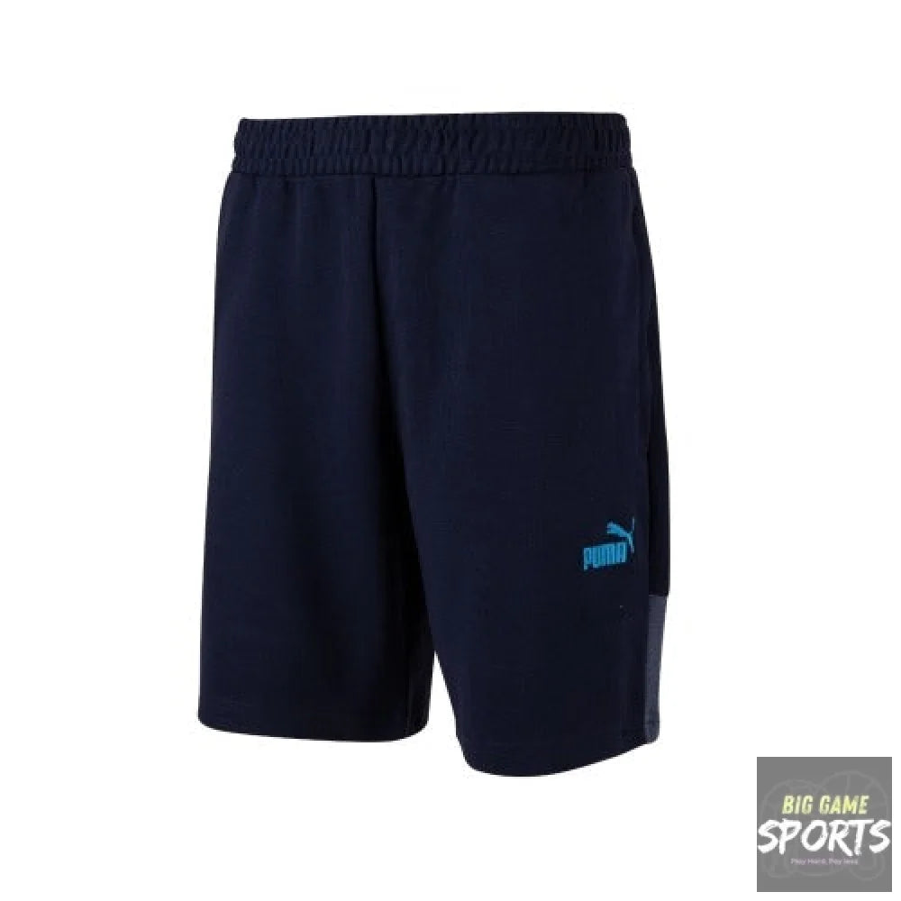 Navy blue shorts with a blue logo on a white background