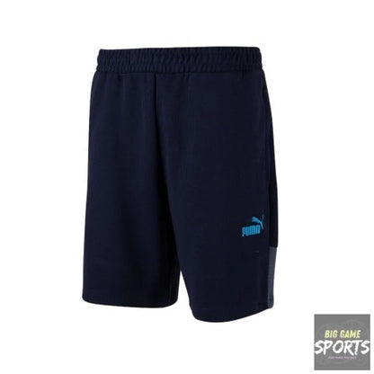 Navy blue shorts with a blue logo on a white background