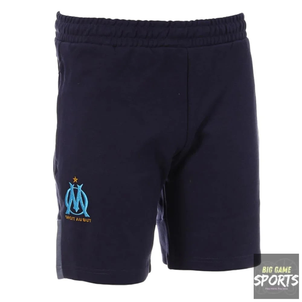 Navy blue athletic shorts with an elastic waistband and the Olympique de Marseille logo embroidered on the left leg.