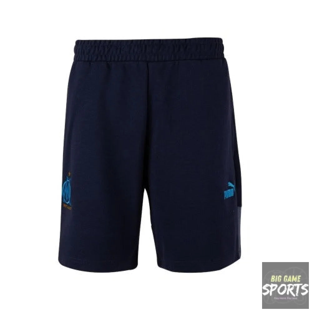 Navy shorts with a small logo on a white background