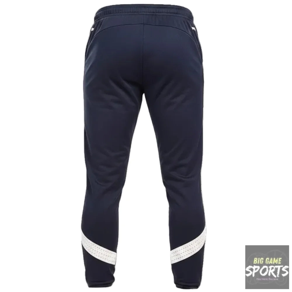Navy blue pants with white reflective stripes on a white background