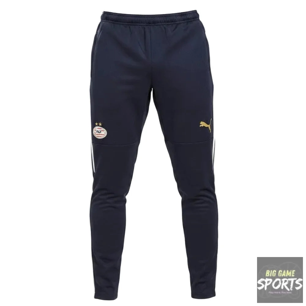 Navy tracksuit pants with brand logos on a white background
