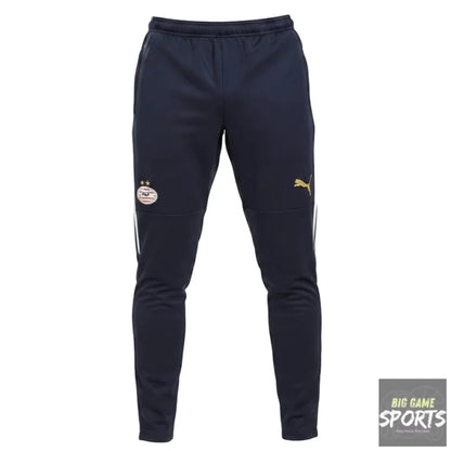 Navy tracksuit pants with brand logos on a white background