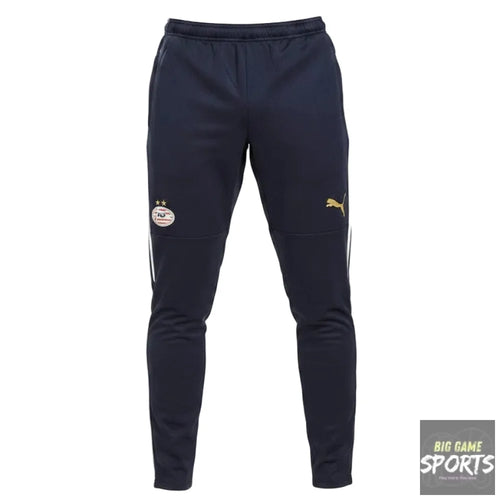 Navy tracksuit pants with brand logos on a white background