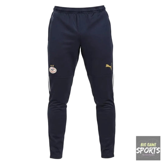Navy tracksuit pants with brand logos on a white background
