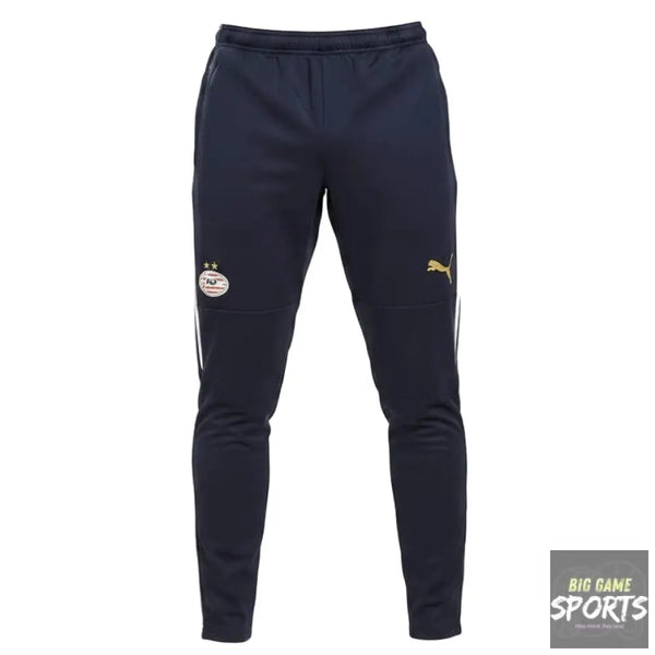 Navy tracksuit pants with brand logos on a white background