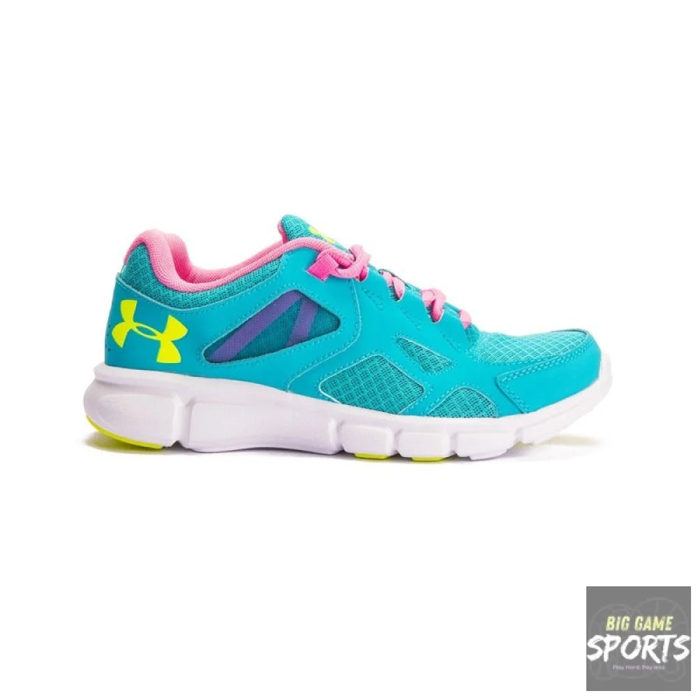 A turquoise blue Under Armour running shoe with bright pink lining and laces, a yellow logo, and a white midsole, shown from a side profile on a white background.