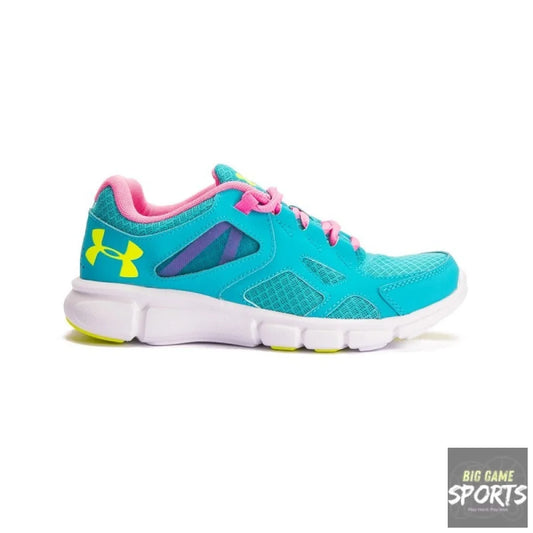 A turquoise blue Under Armour running shoe with bright pink lining and laces, a yellow logo, and a white midsole, shown from a side profile on a white background.