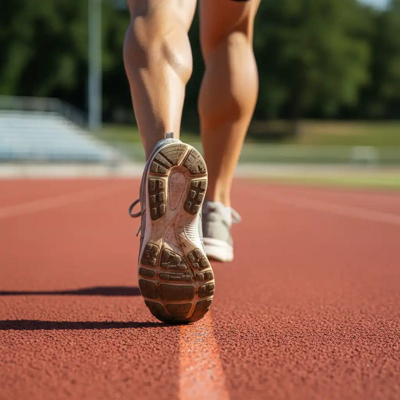 White and brown running shoe with textured sole, nike brand.