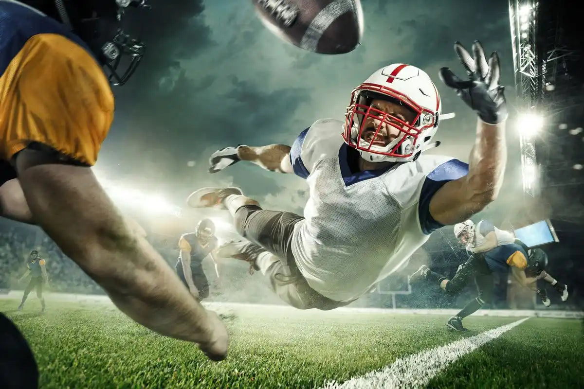 White football helmet with red and silver accents, made of plastic.