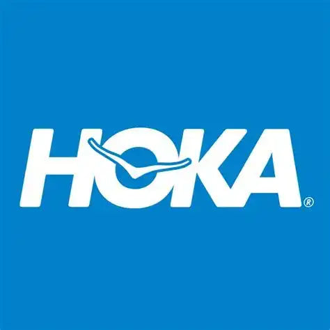 White hoka logo on a solid blue background.